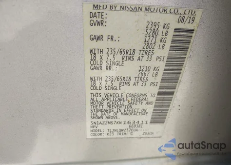 2019 Nissan Murano Sv из США, поврежденный, VIN 5N1AZ2MS7KN163411